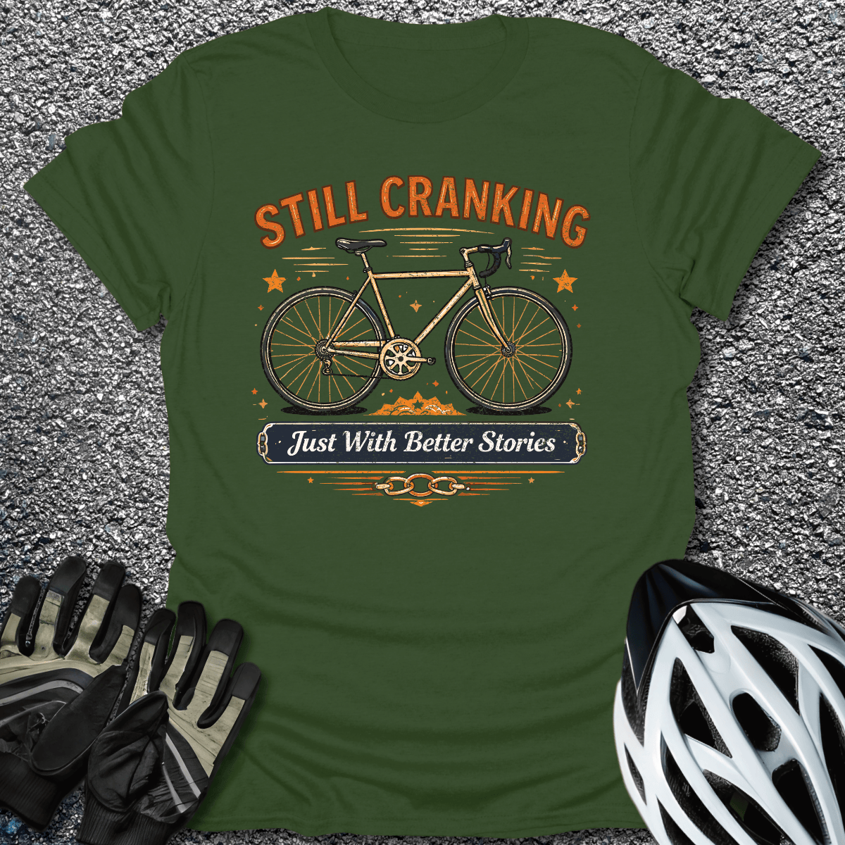 Cranking with Stories T-Shirt in Military Green / S from CycleTees