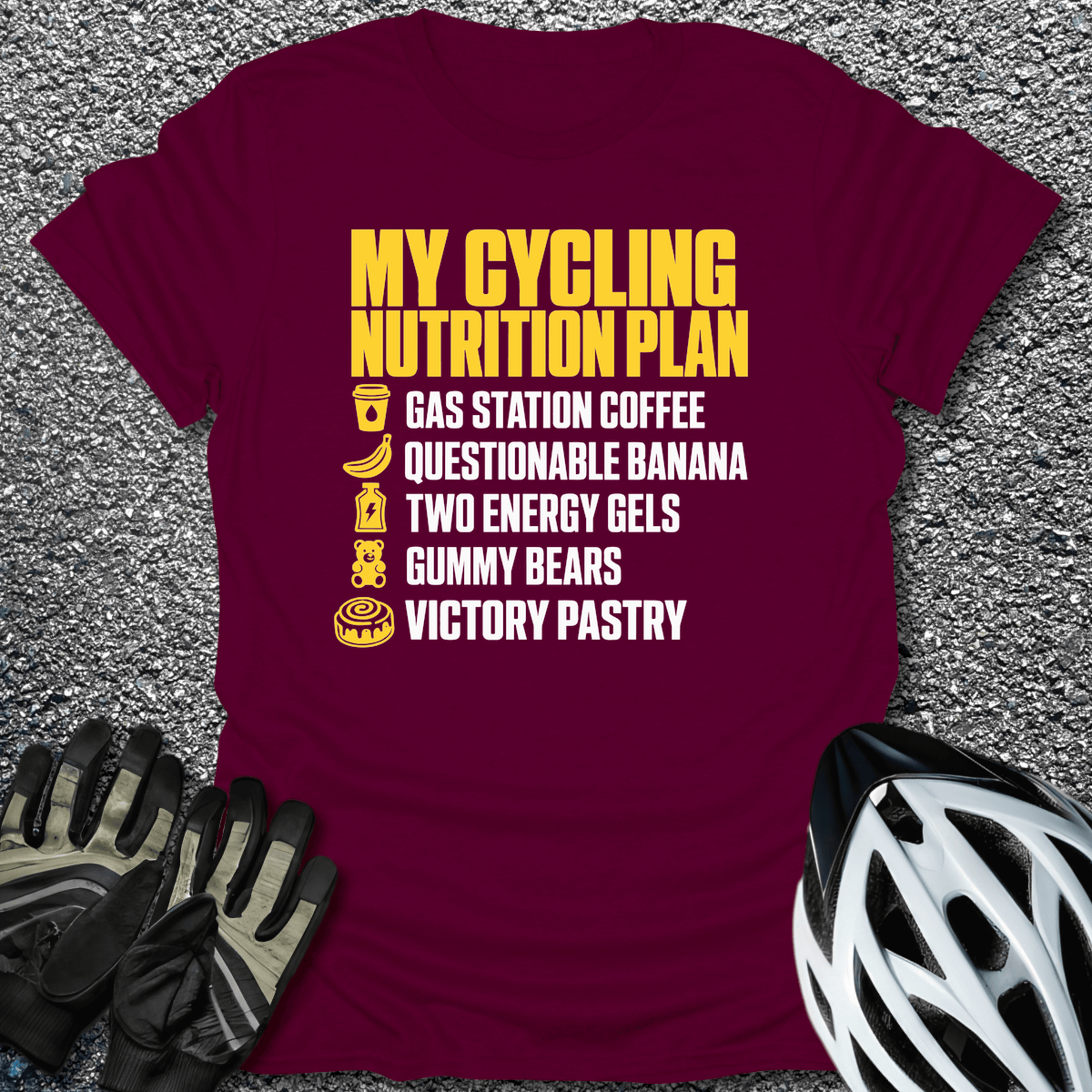 Cycling Nutrition Plan T-Shirt in Maroon / S from CycleTees