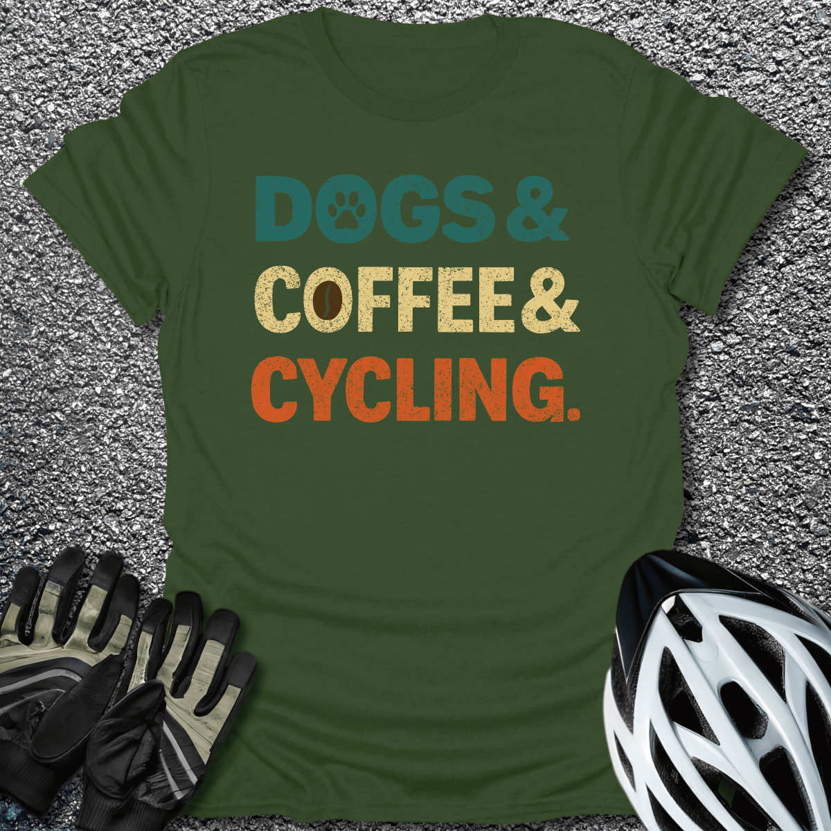 Dogs Coffee Cycling T-Shirt in Military Green / S from CycleTees