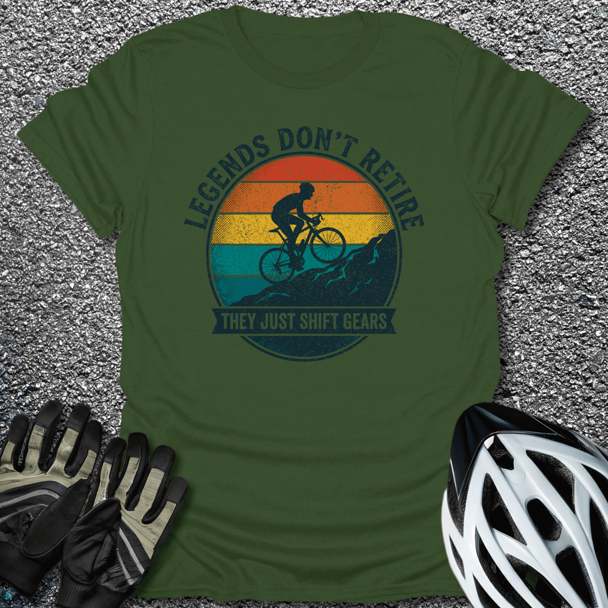 Legends Shift Gears T-Shirt in Military Green / S from CycleTees