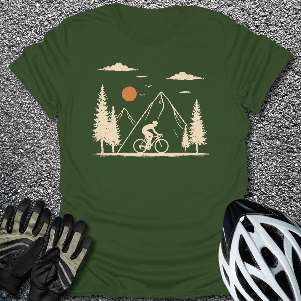 Mountain Ride Sun T-Shirt in Military Green / S from CycleTees