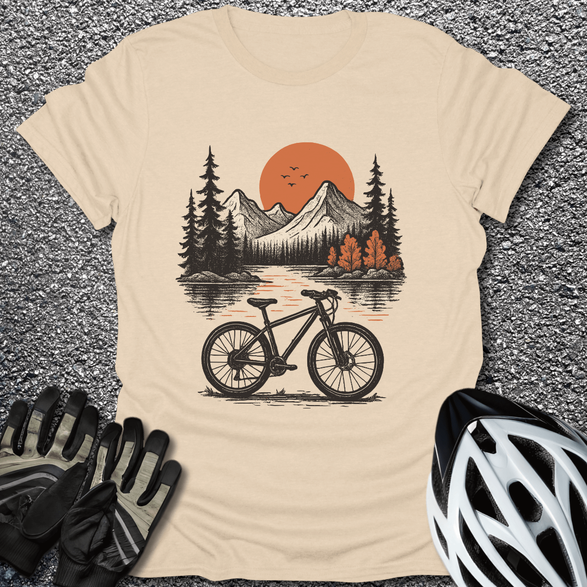 Sunset Peaks & Wheels T-Shirt in Sand / S from CycleTees