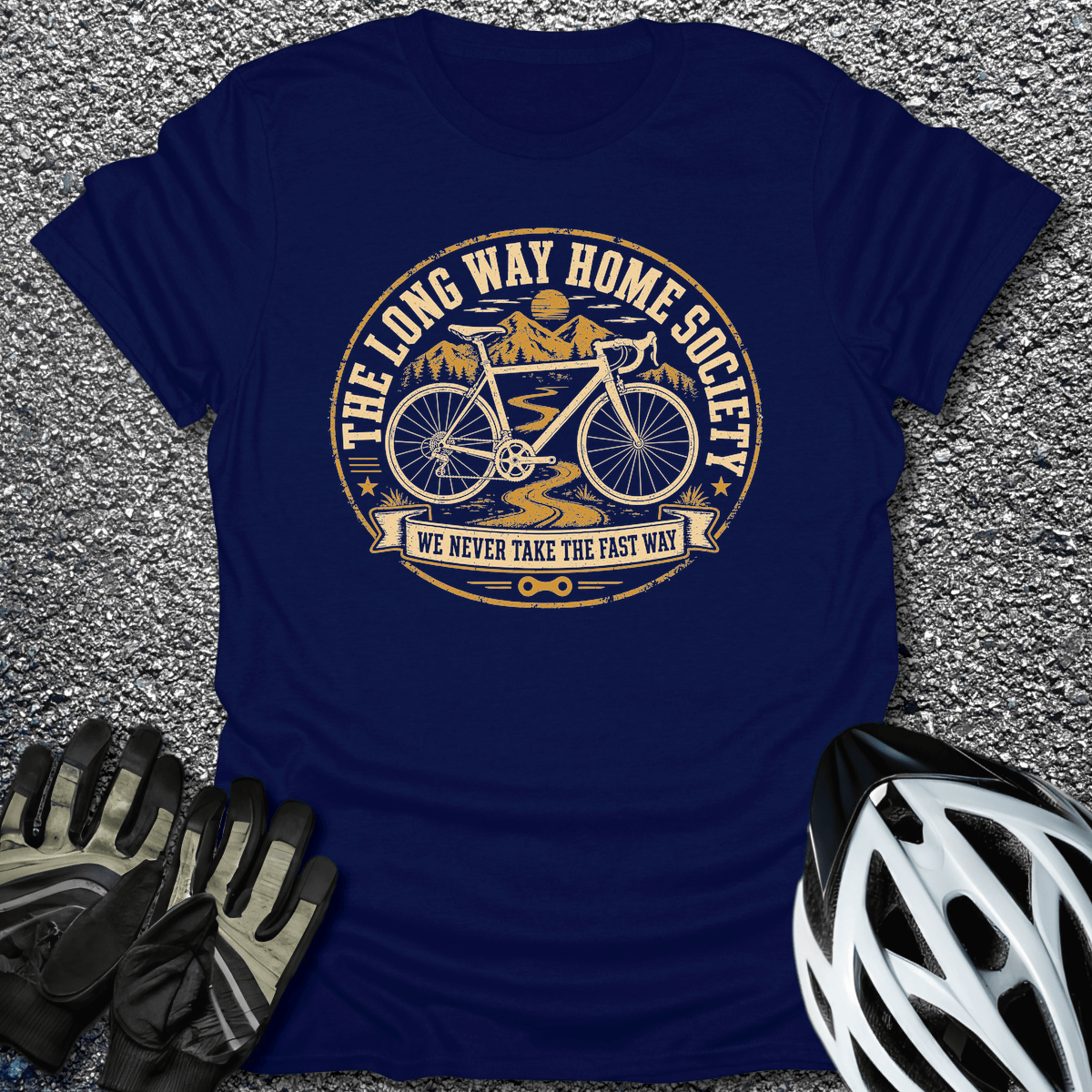 The Long Way Home T-Shirt in Navy / S from CycleTees