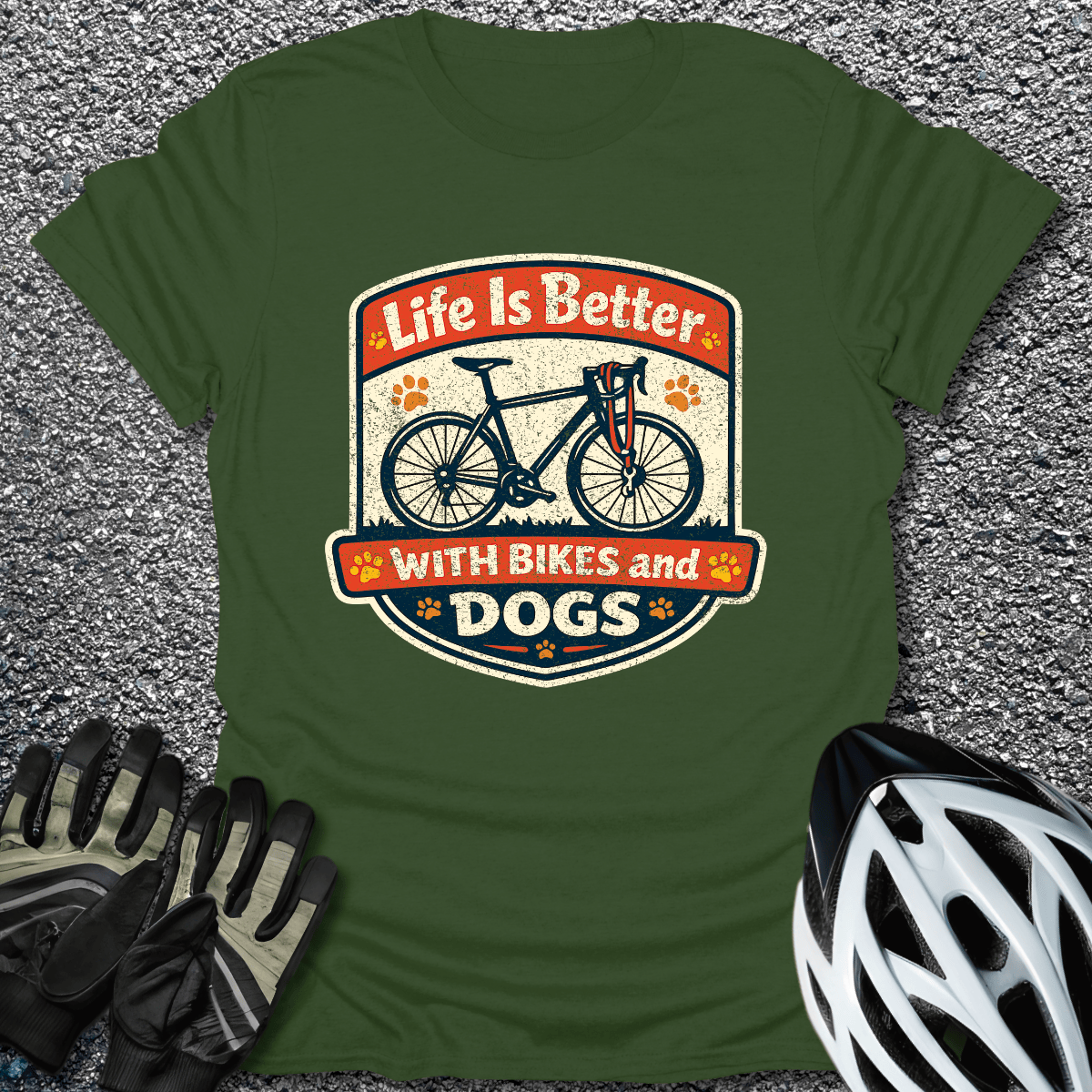 Better With Bikes and Dogs T-Shirt in Military Green / S from CycleTees