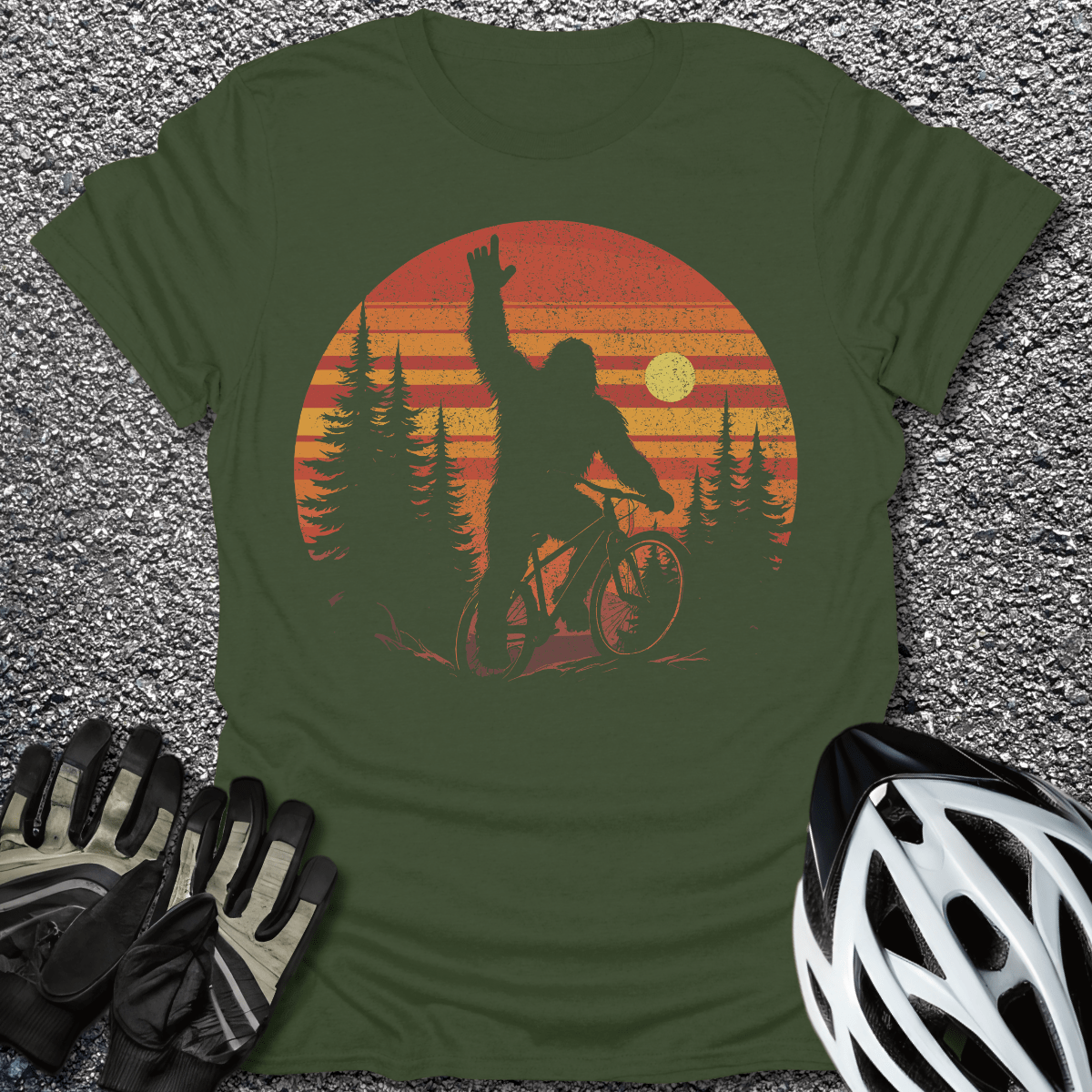 Bigfoot At Sunset T-Shirt in Military Green / S from CycleTees