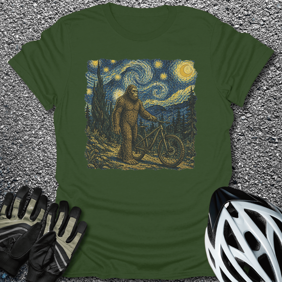 Bigfoot Starry Night T-Shirt in Military Green / S from CycleTees