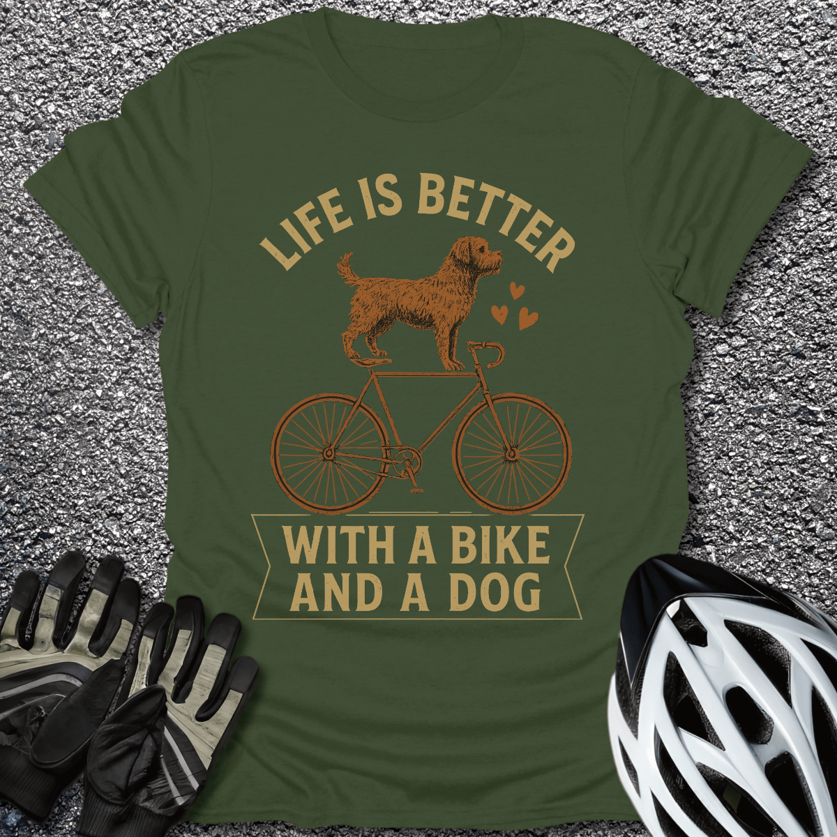 Bike and Dog T-Shirt in Military Green / S from CycleTees