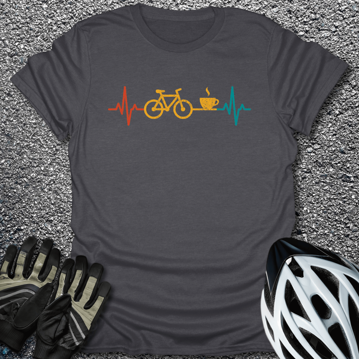 Bike & Coffee Pulse T-Shirt in Dark Heather / S from CycleTees