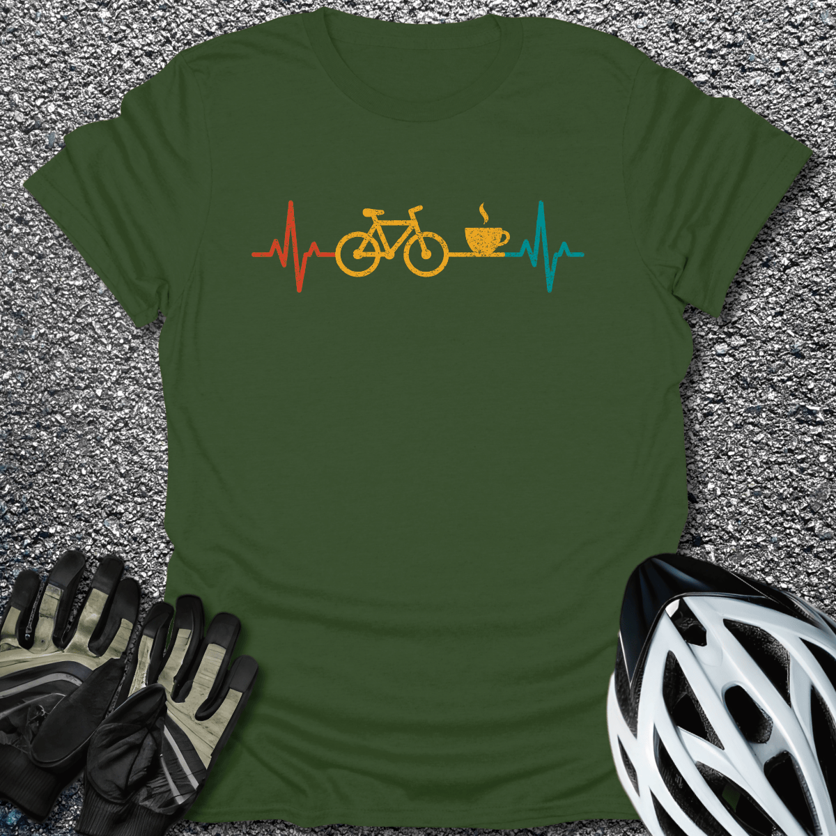 Bike & Coffee Pulse T-Shirt in Military Green / S from CycleTees