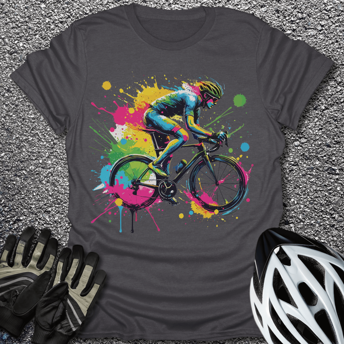 Bike Rider Splash T-Shirt in Dark Heather / S from CycleTees