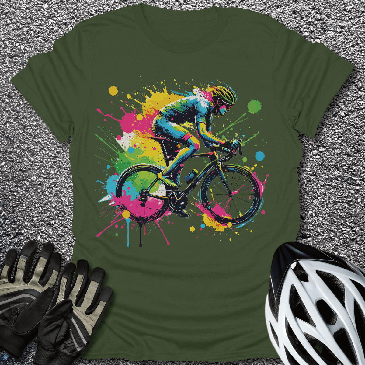 Bike Rider Splash T-Shirt in Military Green / S from CycleTees