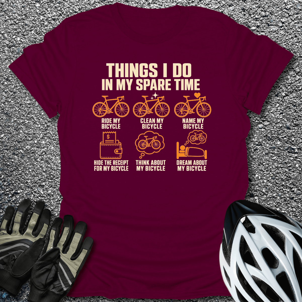 Bike Spare Time T-Shirt in Maroon / S from CycleTees