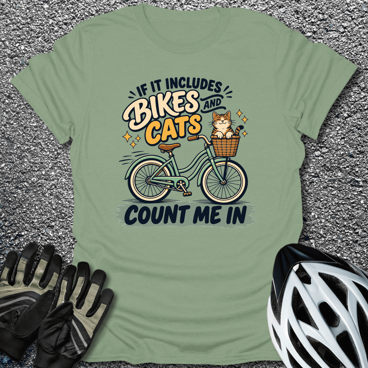 Bikes And Cats T-Shirt in S / Sage from CycleTees