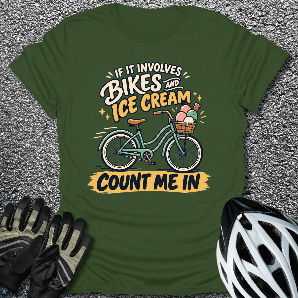 Bikes And Ice Cream T-Shirt in S / Military Green from CycleTees