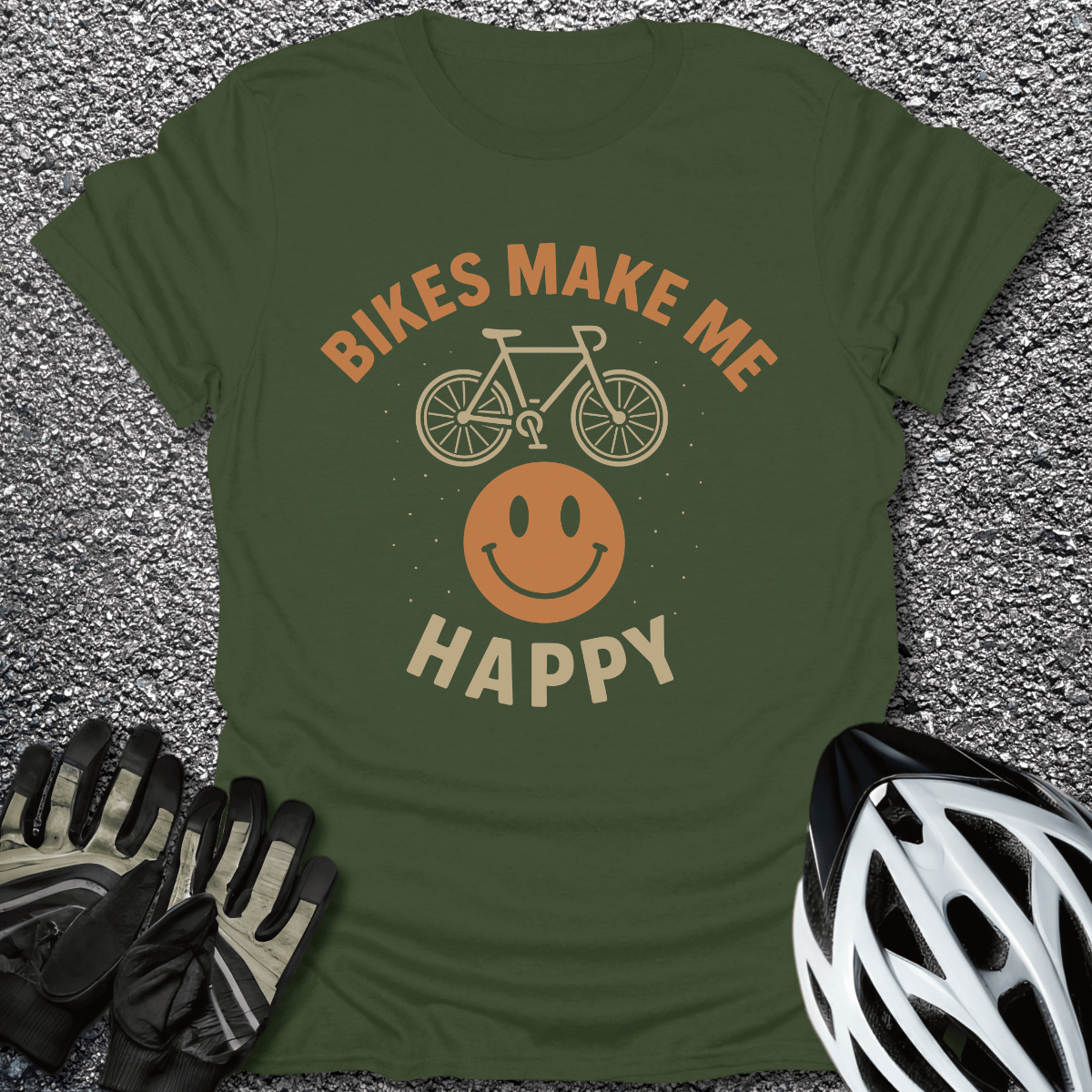 Bikes Make Me Happy T-Shirt in Military Green / S from CycleTees