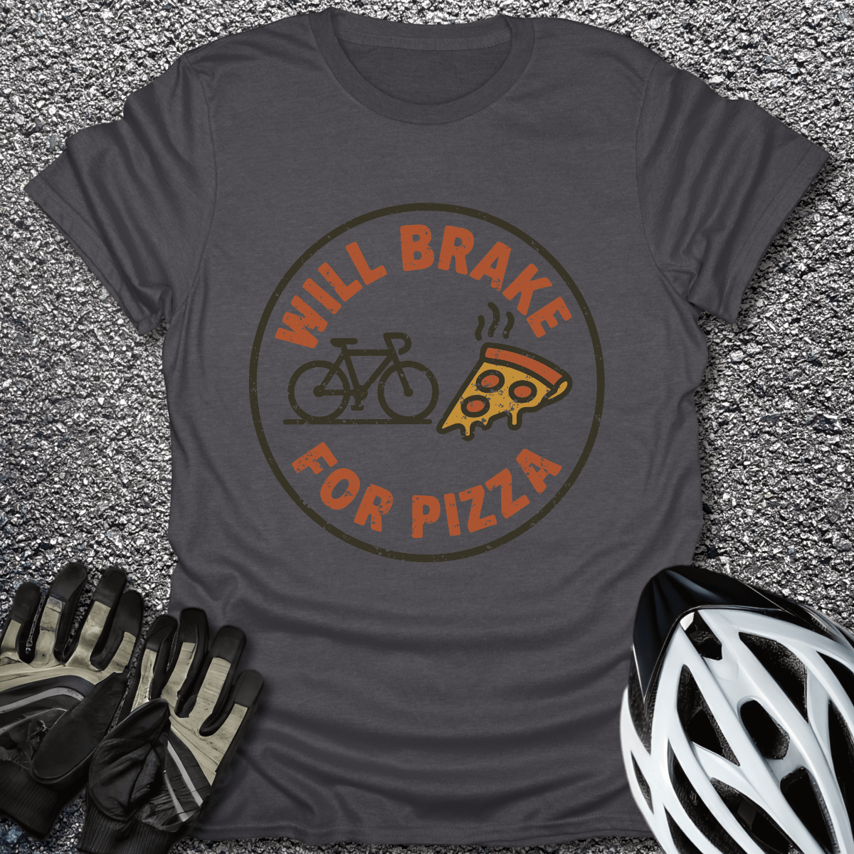 Brake for Pizza T-Shirt in Dark Heather / S from CycleTees