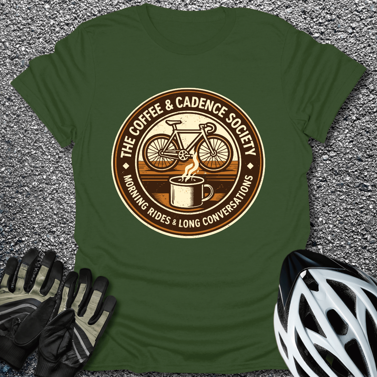 Coffee and Cadence T-Shirt in Military Green / S from CycleTees