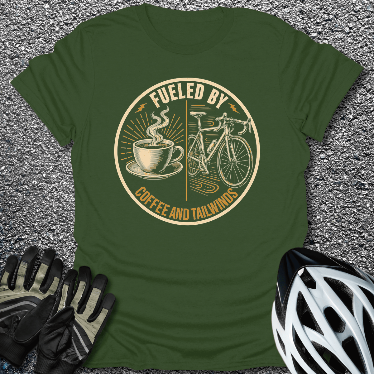Coffee And Tailwinds T-Shirt in Military Green / S from CycleTees