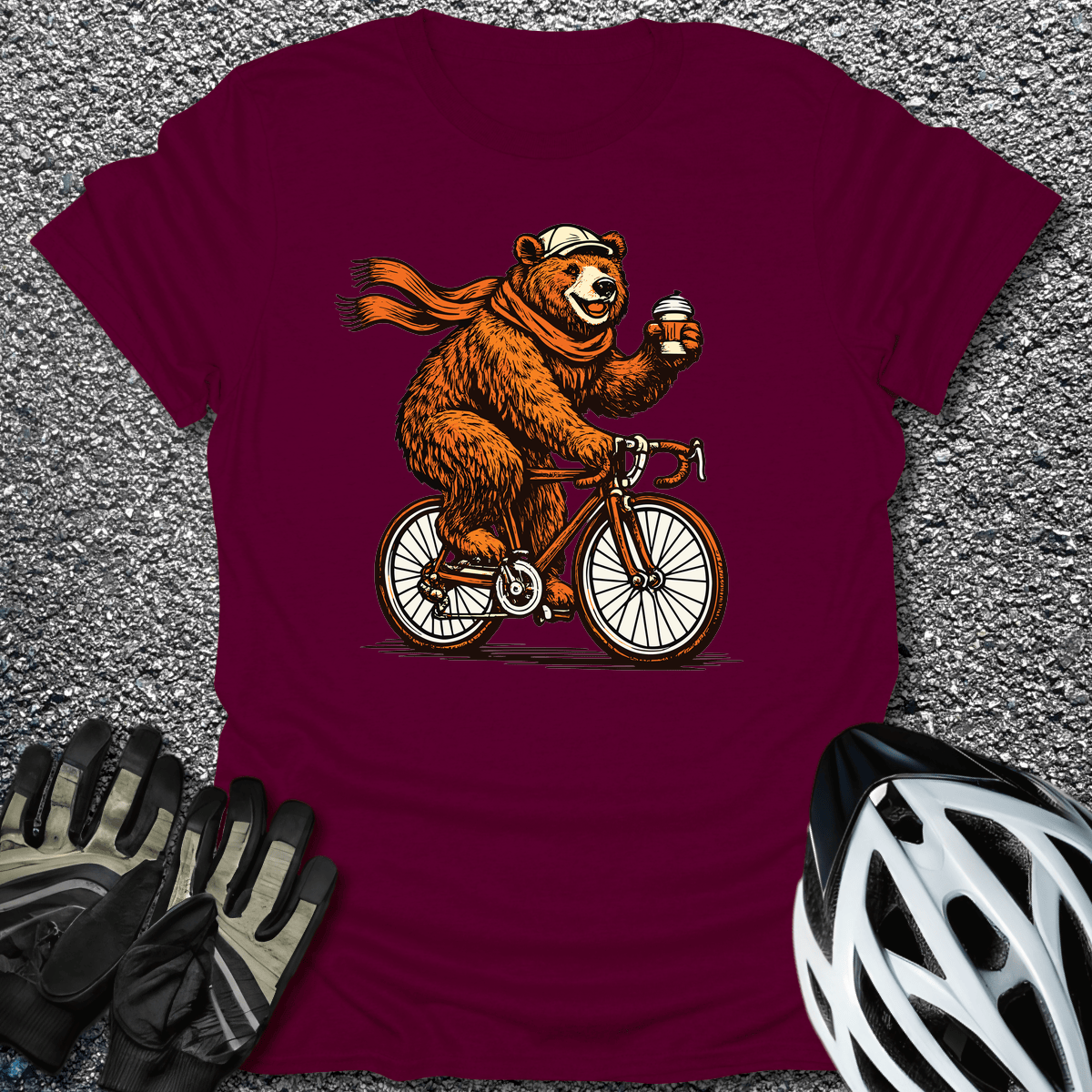 Coffee Bear Ride T-Shirt in Maroon / S from CycleTees