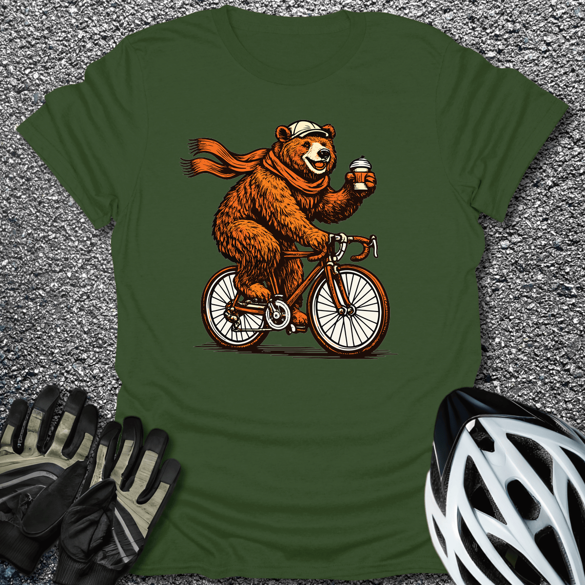 Coffee Bear Ride T-Shirt in Military Green / S from CycleTees