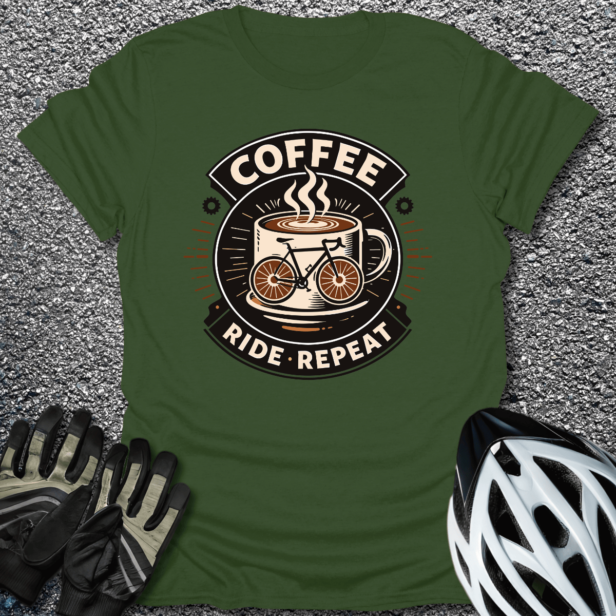 Coffee Ride Repeat T-Shirt in Military Green / S from CycleTees