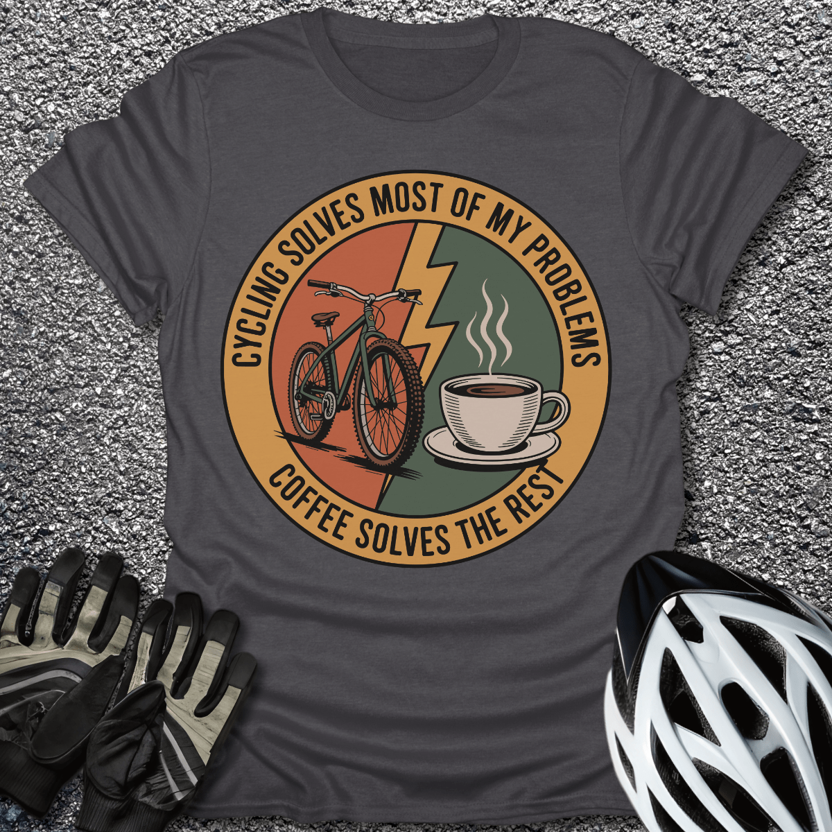 Cycling and Coffee T-Shirt in Dark Heather / S from CycleTees