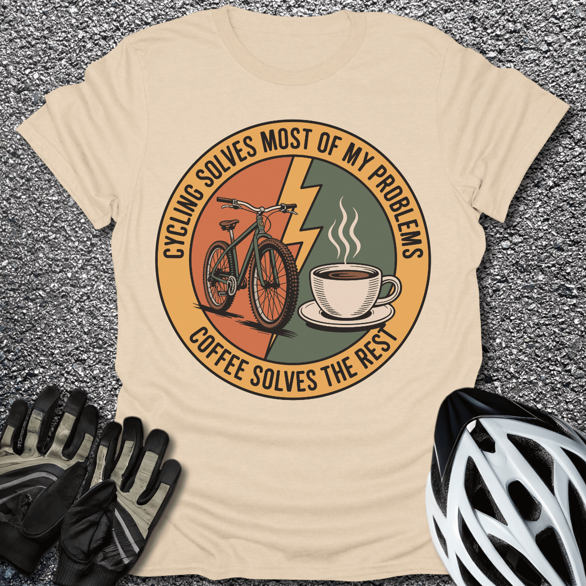Cycling and Coffee T-Shirt in Sand / S from CycleTees