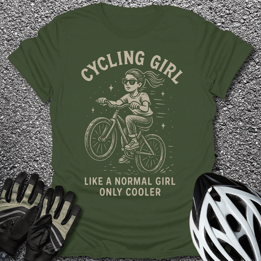 Cycling Girl T-Shirt in Military Green / S from CycleTees