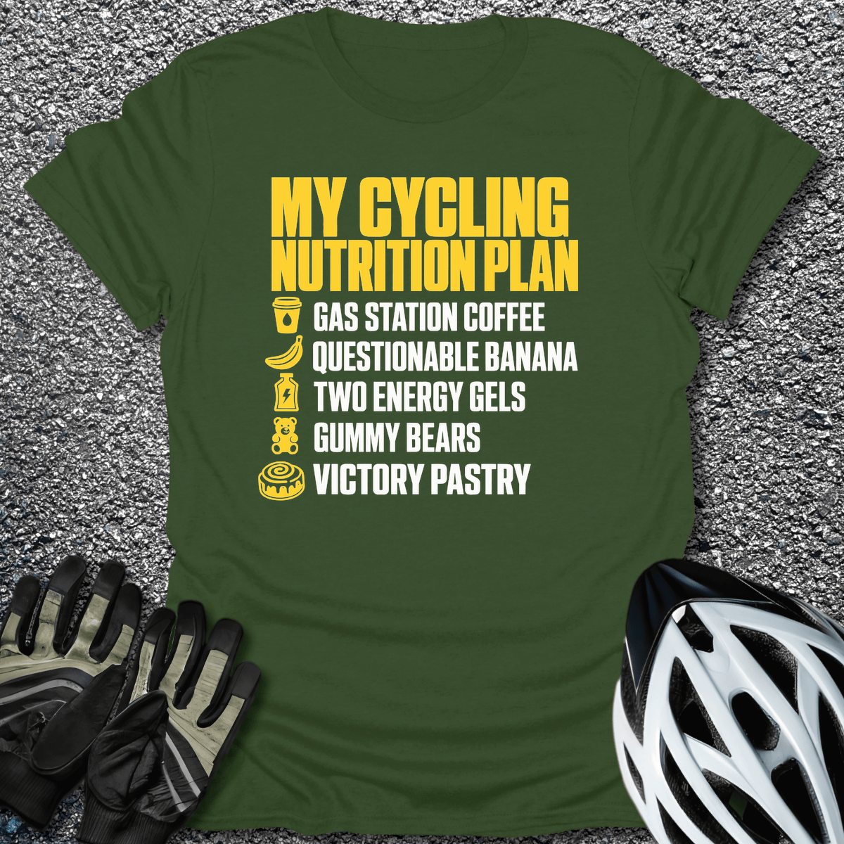 Cycling Nutrition Plan T-Shirt in Military Green / S from CycleTees