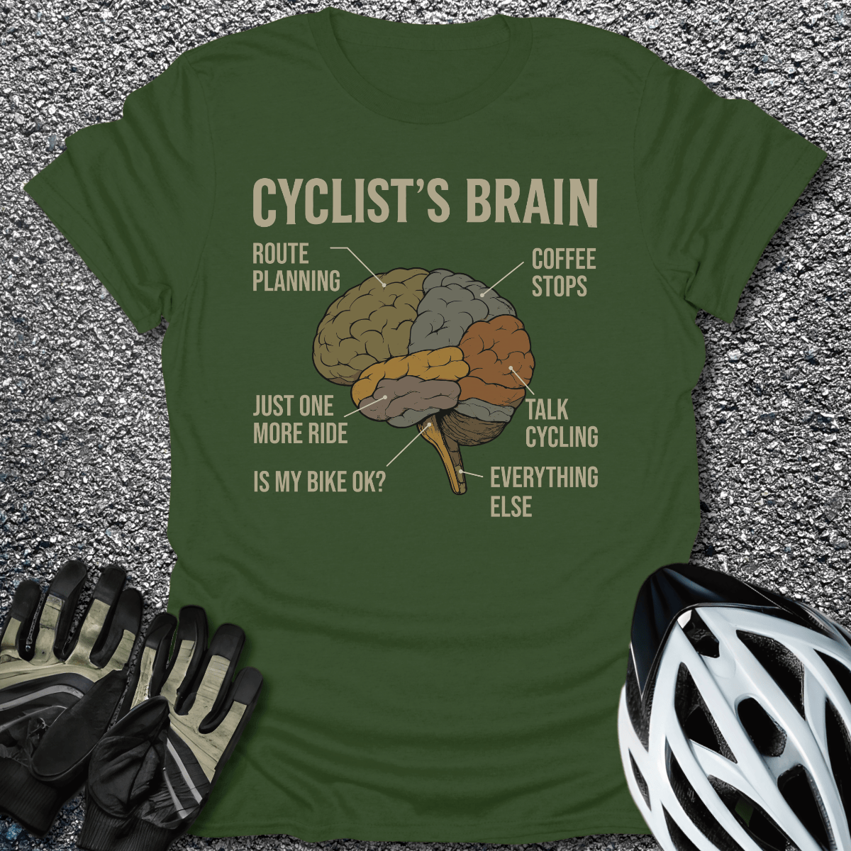 Cyclist's Brain T-Shirt in Military Green / S from CycleTees