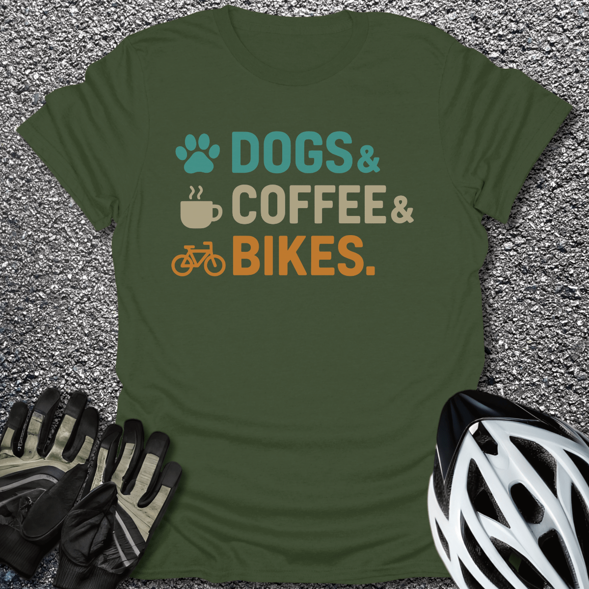 Dogs Coffee Bikes T-Shirt in Military Green / S from CycleTees