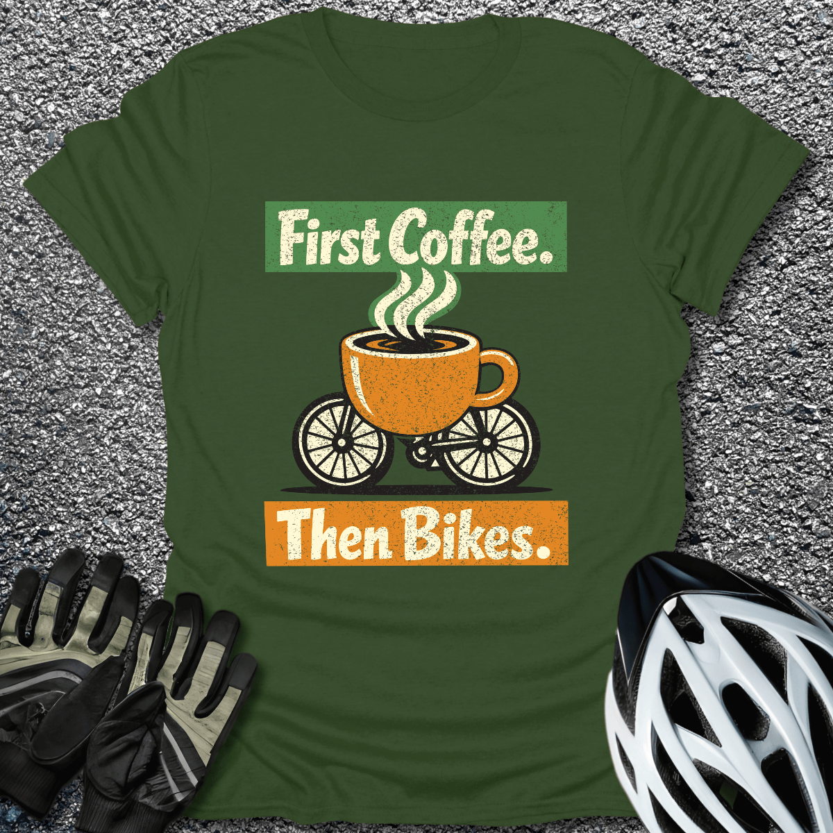 First Coffee T-Shirt in Military Green / S from CycleTees