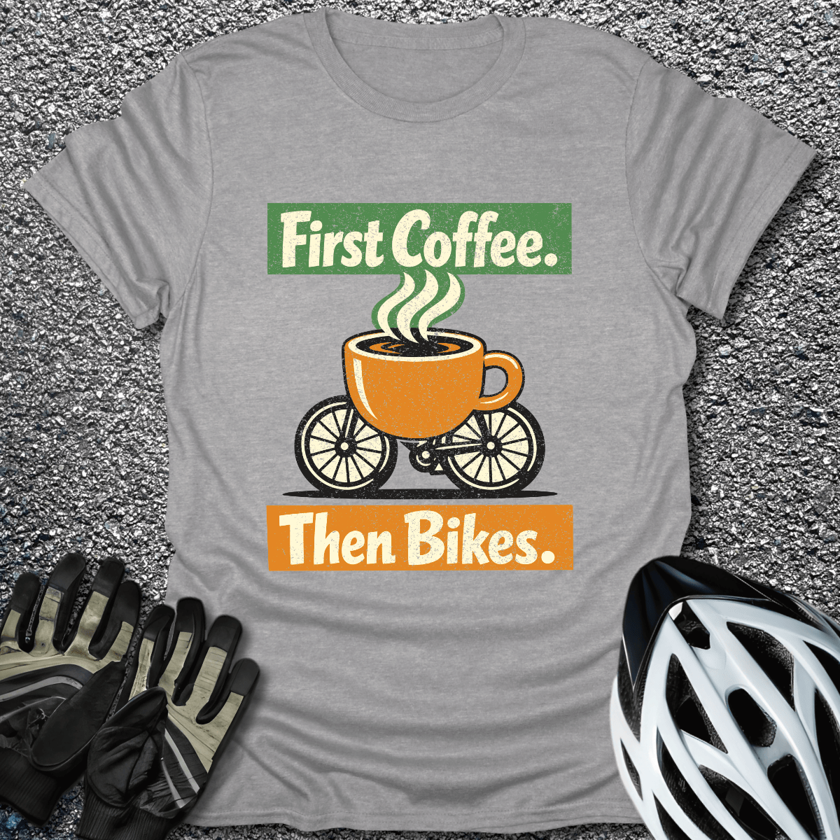First Coffee T-Shirt in Sport Grey / S from CycleTees