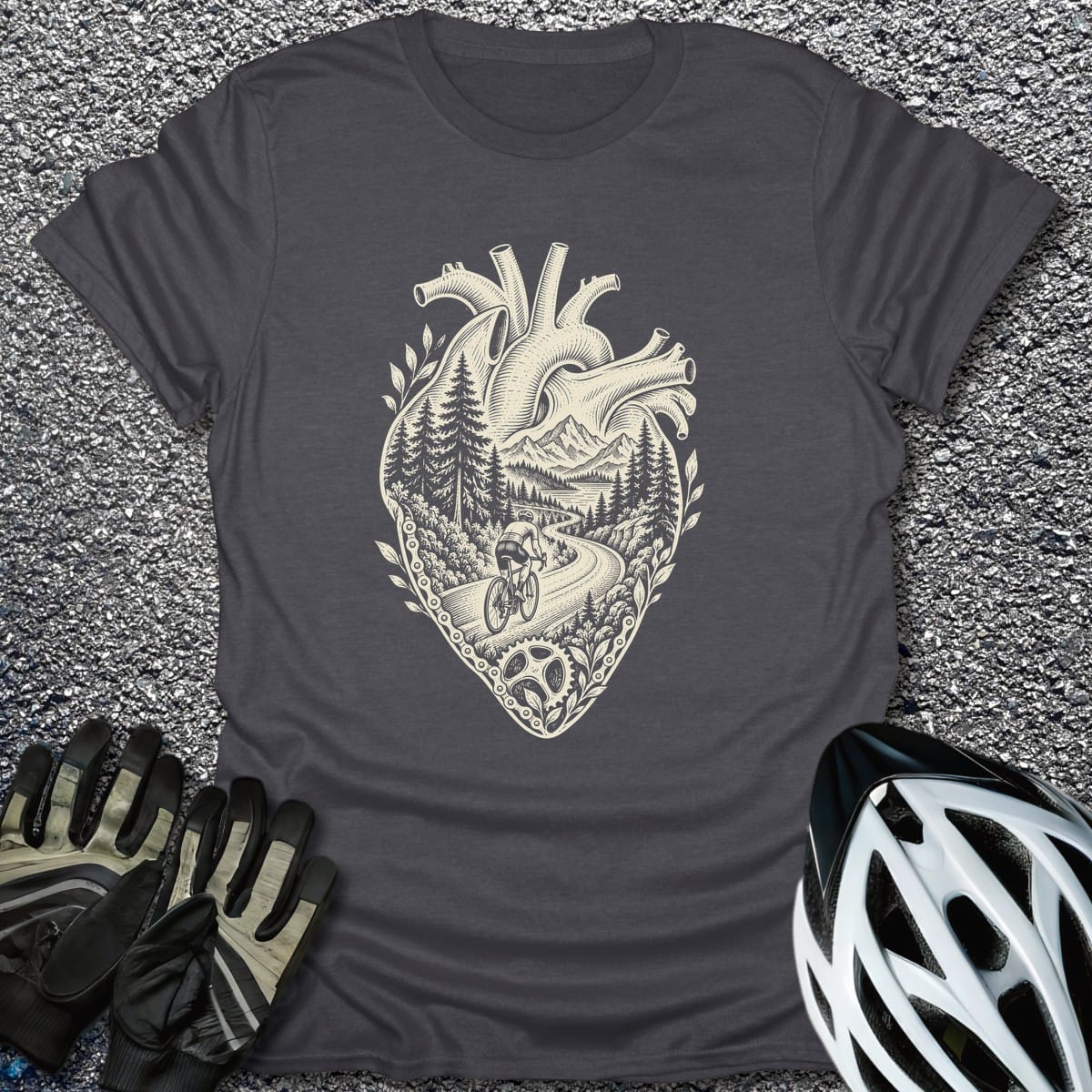 Heart On Trail T-Shirt in Dark Heather / S from CycleTees