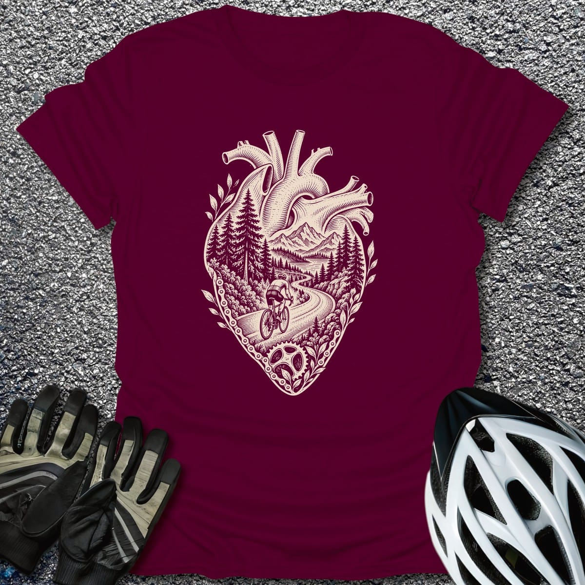 Heart On Trail T-Shirt in Maroon / S from CycleTees