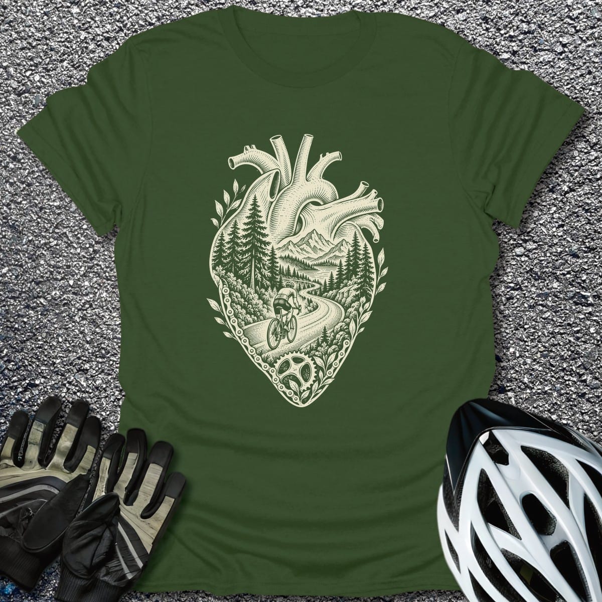 Heart On Trail T-Shirt in Military Green / S from CycleTees