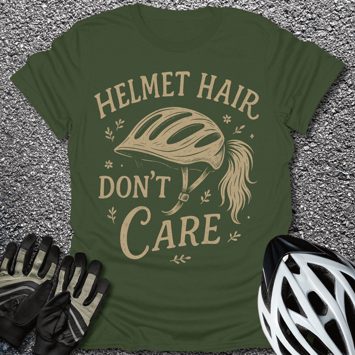 Helmet Hair T-Shirt in Military Green / S from CycleTees