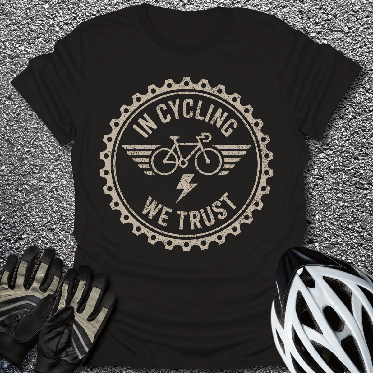 In Cycling We Trust T-Shirt in Black / S from CycleTees