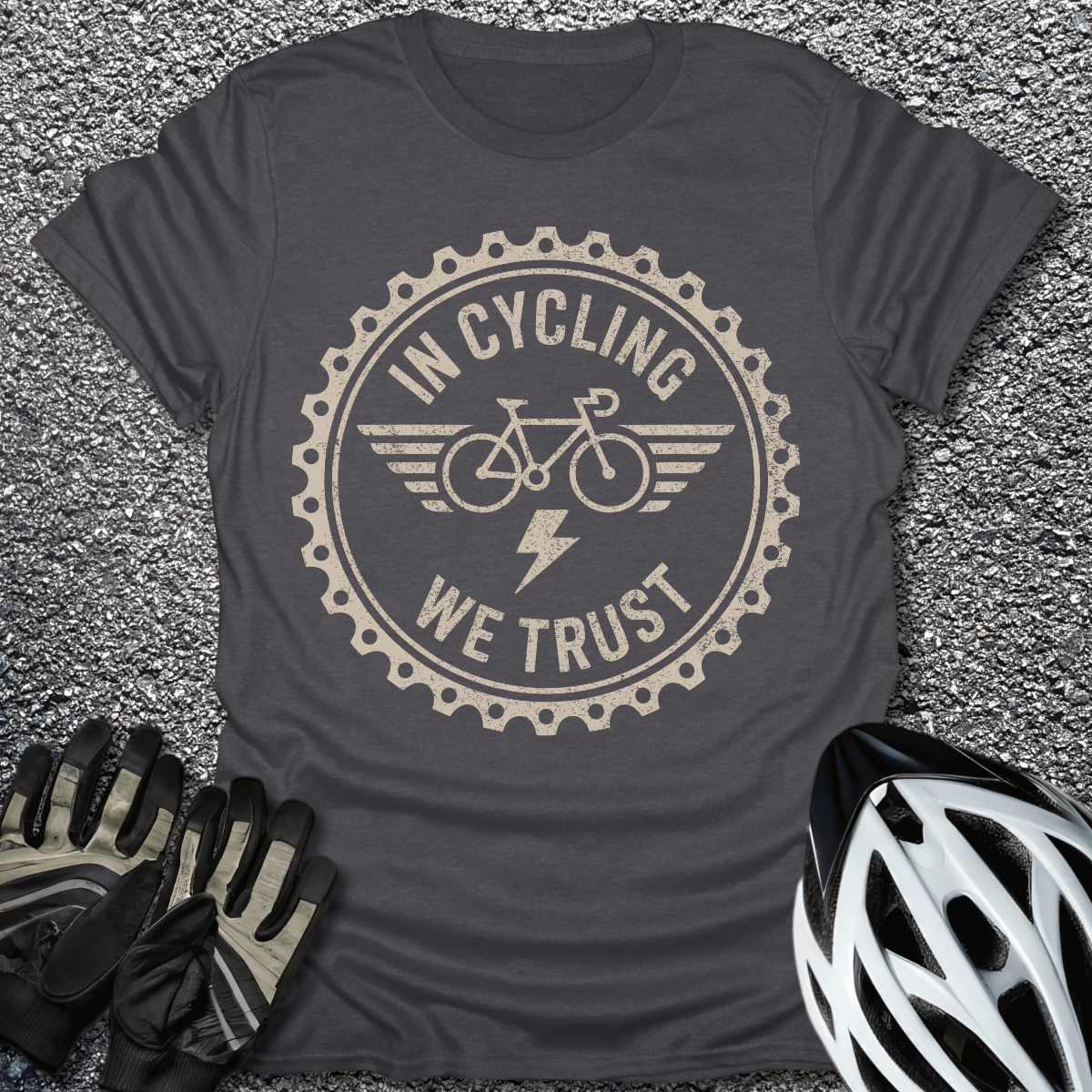 In Cycling We Trust T-Shirt in Dark Heather / S from CycleTees
