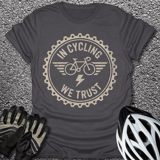 In Cycling We Trust T-Shirt in Dark Heather / S from CycleTees