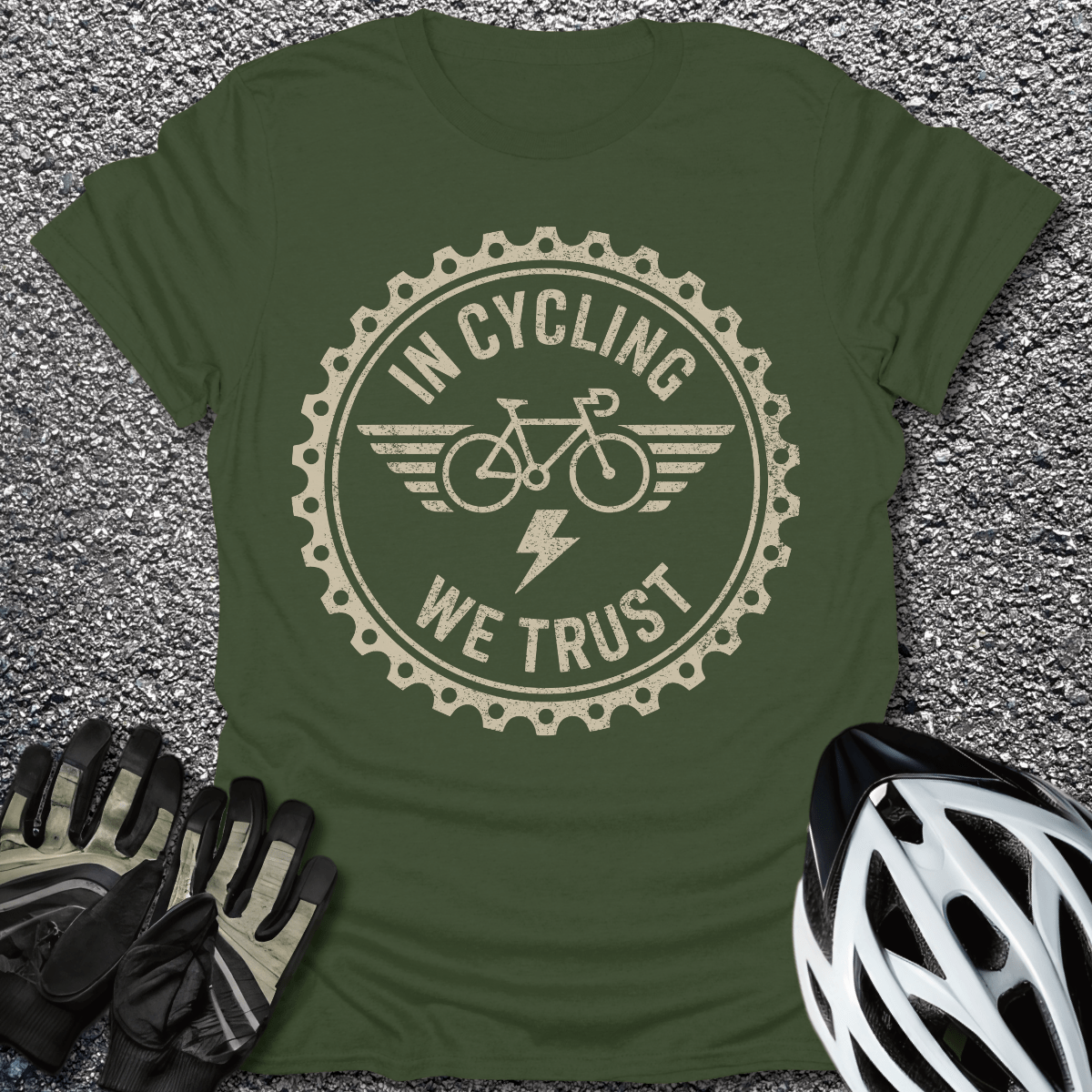 In Cycling We Trust T-Shirt in Military Green / S from CycleTees