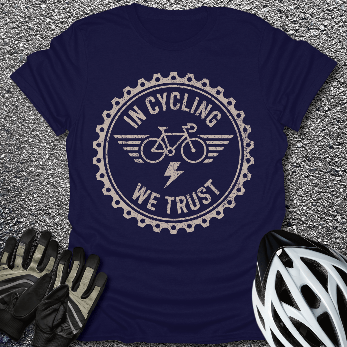 In Cycling We Trust T-Shirt in Navy / S from CycleTees