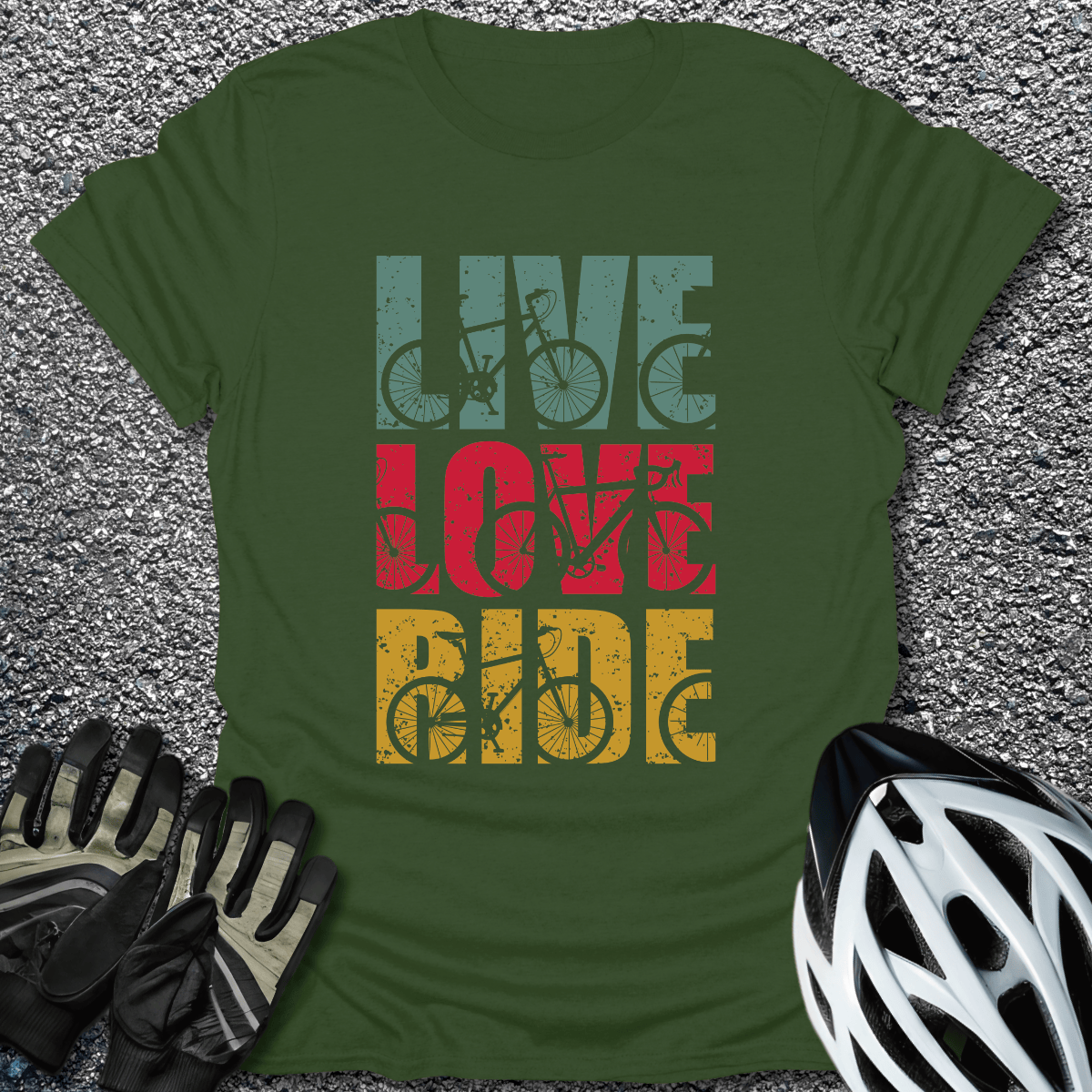 Live Love Ride T-Shirt in Military Green / S from CycleTees
