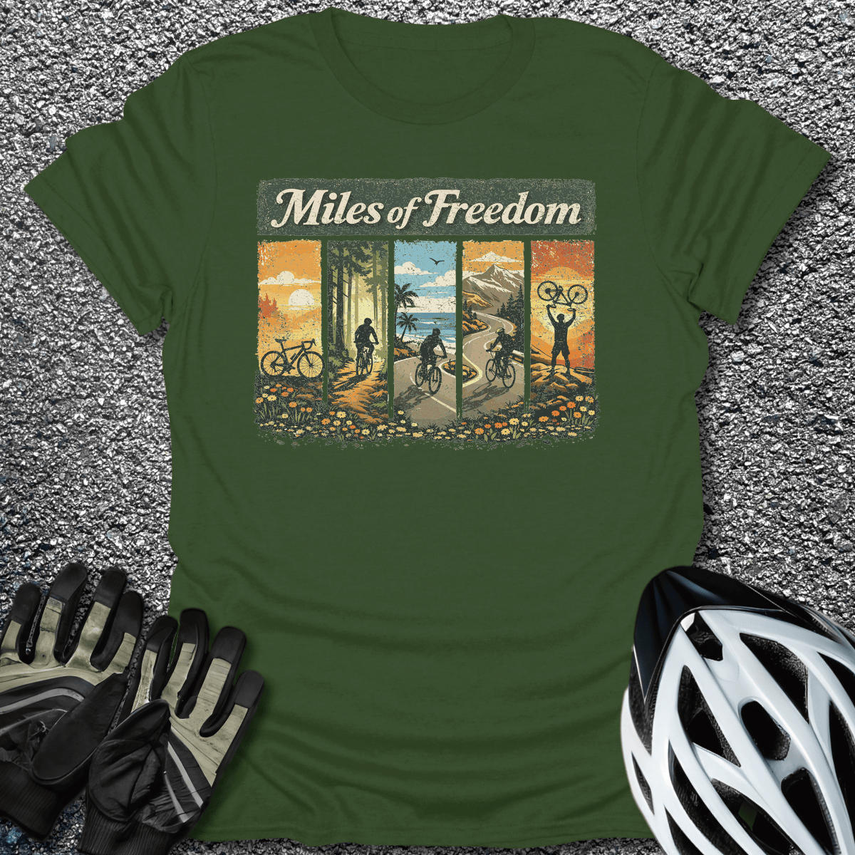 Miles of Freedom T-Shirt in Military Green / S from CycleTees