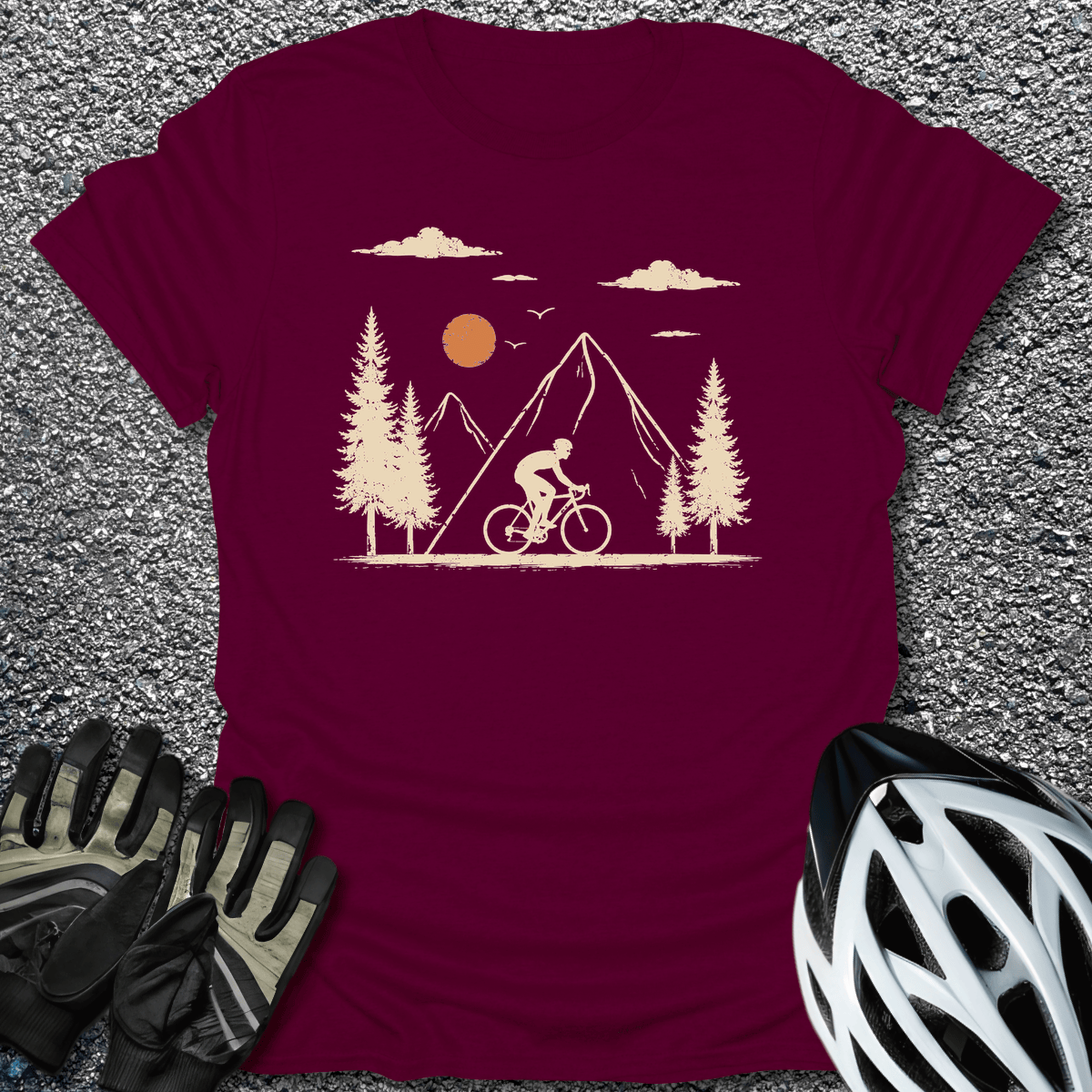 Mountain Ride Sun T-Shirt in Maroon / S from CycleTees