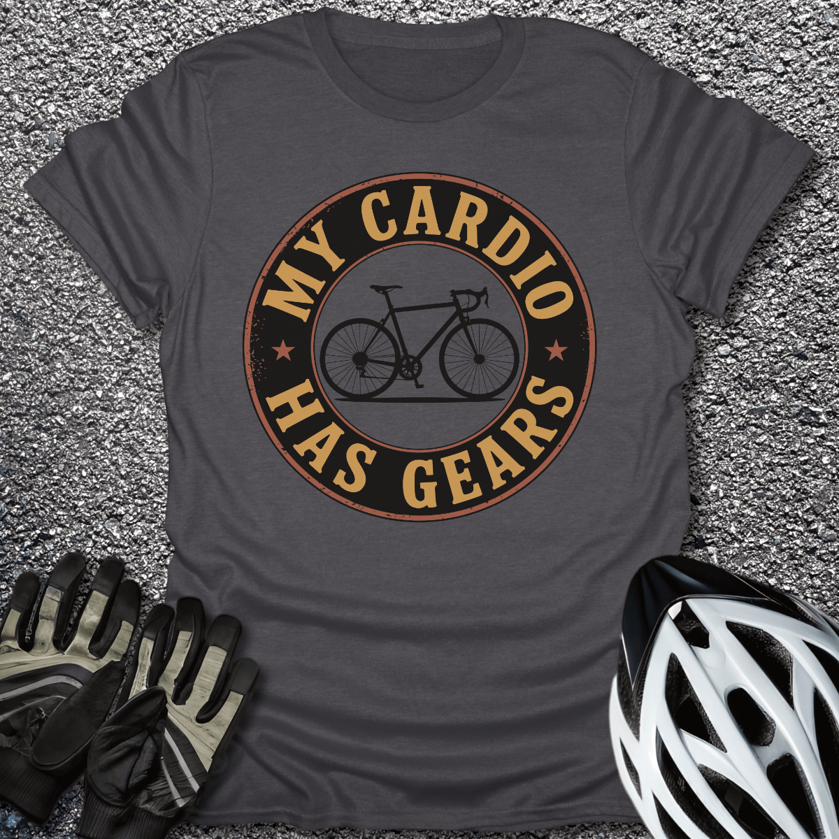 My Cardio Has Gears T-Shirt in Dark Heather / S from CycleTees