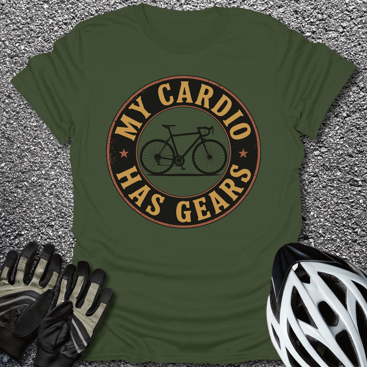 My Cardio Has Gears T-Shirt in Military Green / S from CycleTees