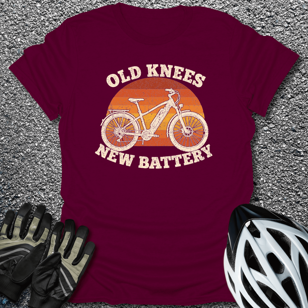 Old Knees New Battery T-Shirt in Maroon / S from CycleTees
