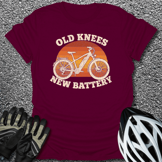 Old Knees New Battery T-Shirt in Maroon / S from CycleTees