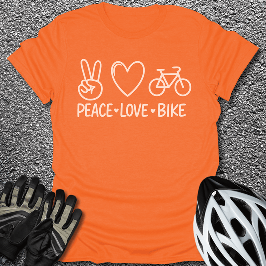 Peace Love Bike T-Shirt in Orange / S from CycleTees